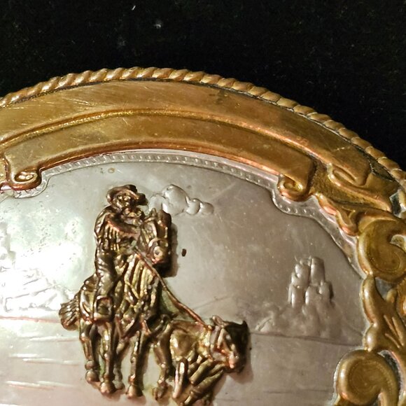 Tony Lama Bronze and German Silver Belt Buckle of a  Cowboy Roping A Calf - Picture 4 of 10